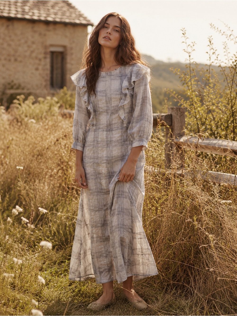 Christy Dawn Birdie Dress Grey Cloud Plaid Cottagecore Peasant Maxi Dress Small